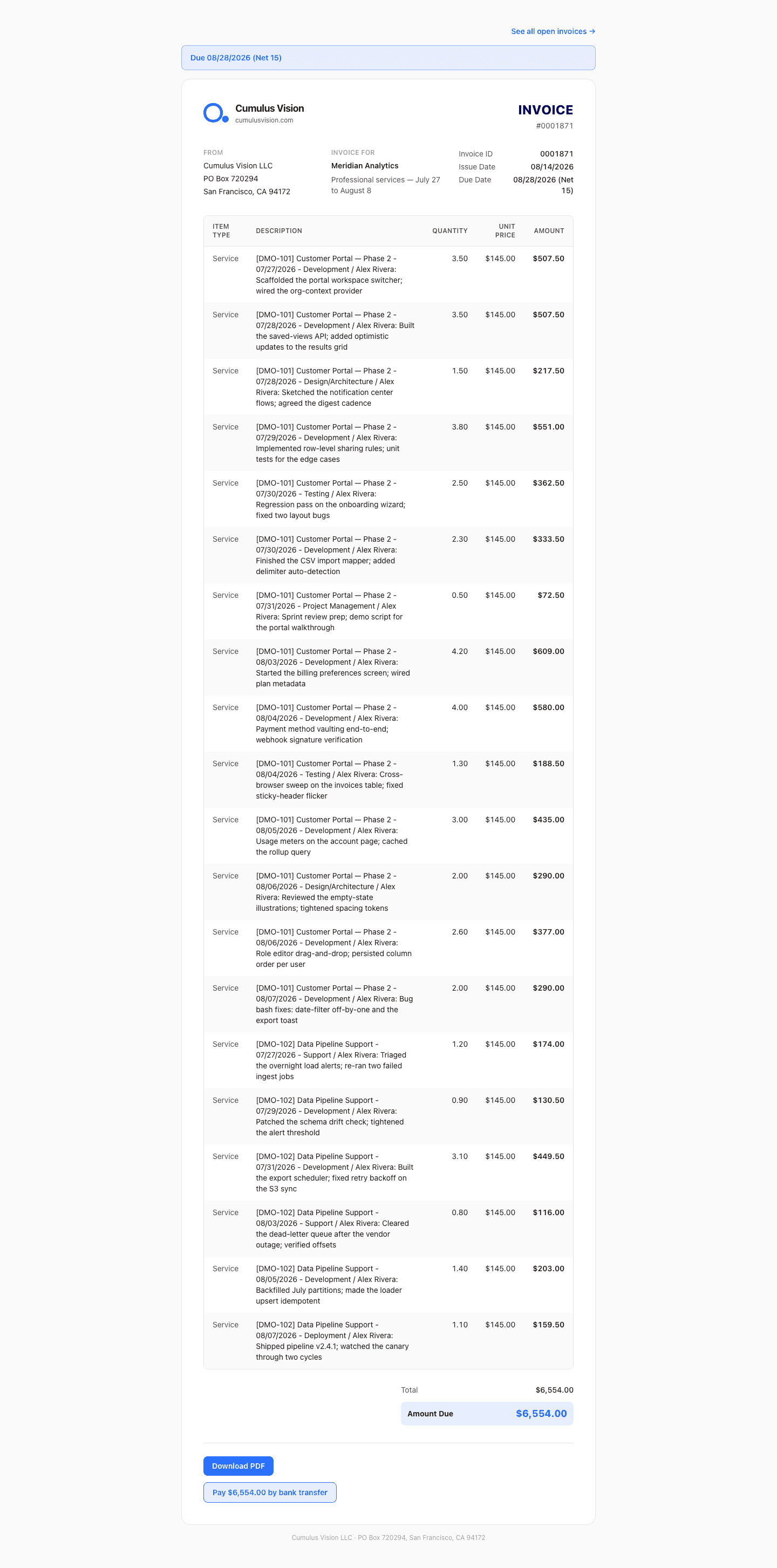 Hosted client invoice page with itemized time entries, totals, a Download PDF button, and a pay-by-bank-transfer button